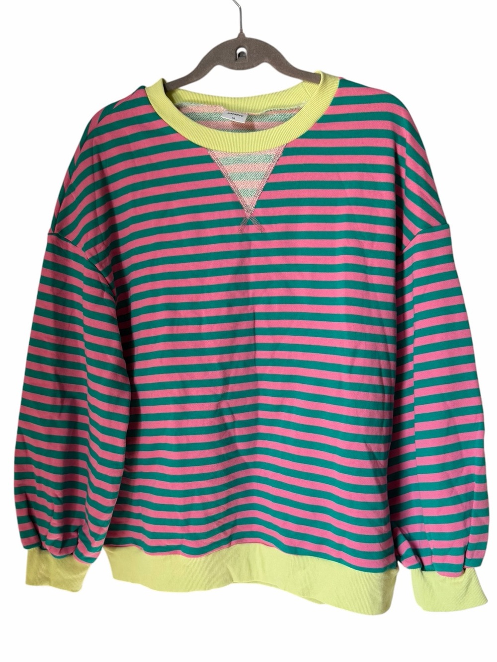 Striped Pink Teal Crewneck Sweatshirt Neon Yellow Trim Retro 80’s 90’s Inspired